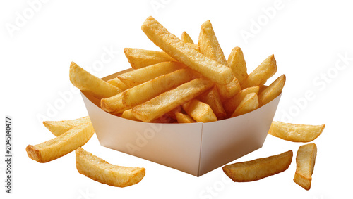 Canvastavla Isolated pile of crispy golden french fries in a container with scattered chips around it
