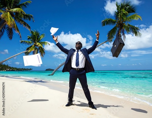 Excited Businessman Throwing Papers on Tropical Beach Under Palm Trees