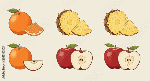 Assortment of Fresh Fruits: Oranges, Pineapples, and Apples, Sliced and Whole