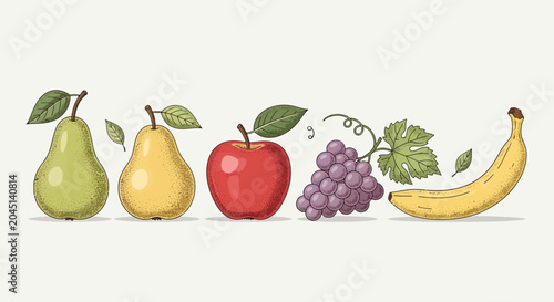 Assortment of Fresh Fruits: Pears, Apple, Grapes, and Banana on a Light Background