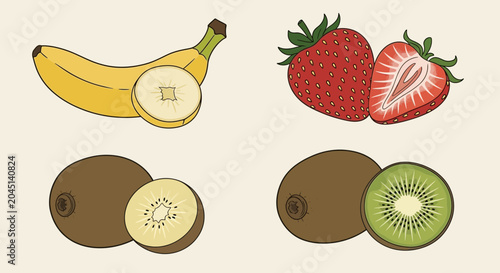 Assortment of Fresh Fruits: Bananas, Strawberries, and Kiwis, Whole and Sliced
