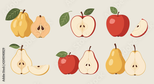 Assortment of Ripe Apples and Pears, Whole and Sliced, Isolated on Beige Background