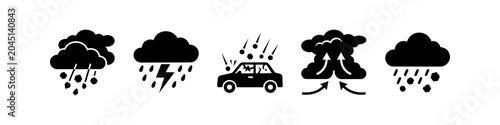 Bild auf Leinwand Set of severe weather icons including hail storm, lightning, rain, and car damage silhouettes