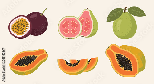 Assortment of Tropical Fruits: Passion Fruit, Guava, and Papaya, Sliced and Whole
