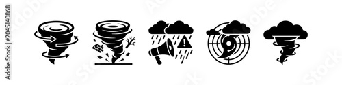 Canvas-taulu Severe weather icon set featuring tornadoes, hurricanes, storm alerts, and natural disaster symbols in a clean black and white style