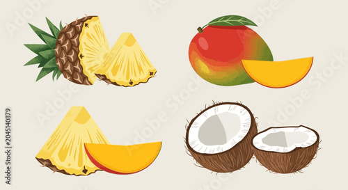 Assortment of Tropical Fruits: Pineapple, Mango, and Coconut Slices