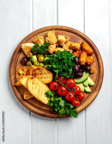 Colorful Mediterranean Appetizer Platter Arranged on Round Wooden Board