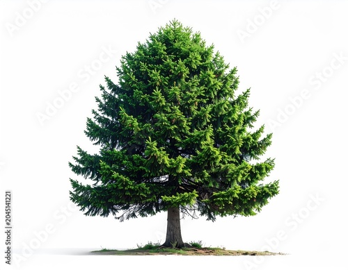 Majestic green coniferous tree, full and lush, against a white backdrop