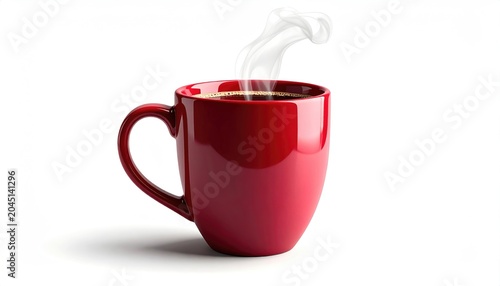 A steaming red mug full of dark, hot coffee on a white background