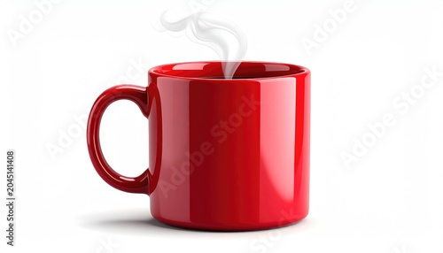 A steaming red mug of hot coffee, isolated on a white background