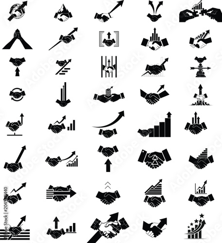 Business growth and success icons set with handshake and charts