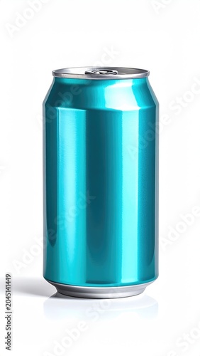Shiny blue beverage can, isolated on a white background, reflecting light