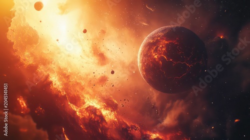 A fiery orange nebula surrounds a glowing planet, with smaller asteroids in the foreground.