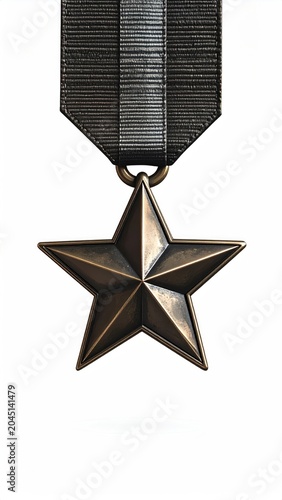 A bronze star medal hangs from a dark gray ribbon against a white background