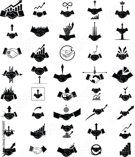 Black and white handshake business icons set with charts and graphs