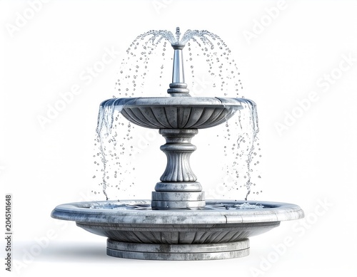 Ornate tiered marble fountain with water spraying in arcs on white