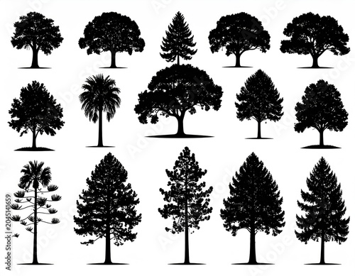 Diverse collection of silhouetted trees, showcasing various shapes and textures