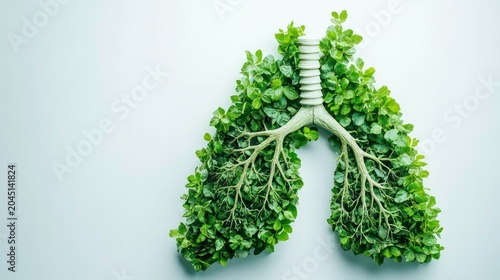 Green leaves arranged in the shape of human lungs on a white background.
