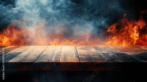 Wooden table with fire and smoke background, perfect for product placement.