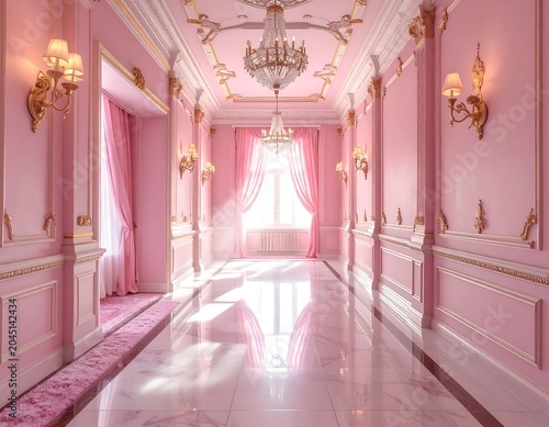 Elegant Pink Palace Corridor Glowing with Sunlight in Ornate Interior