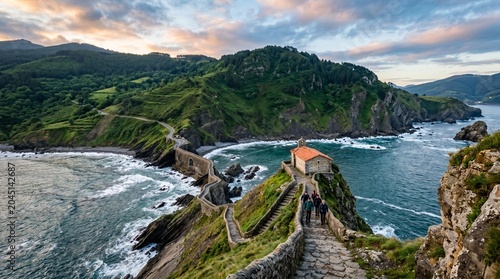 Breathtaking sunset view of San Juan de Gaztelugatxe in the Basque Country, Spain, featuring the iconic winding stone bridge leading to the historic hermitage on the rocky islet