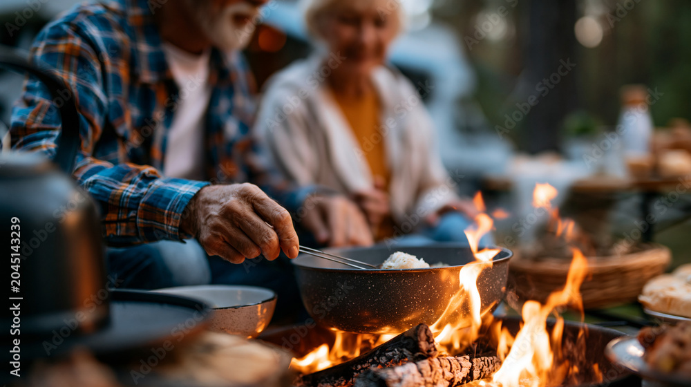 Fototapeta premium Faceless senior couple preparing outdoor dinner on campfire during countryside rv camping adventure, meal preparation, outdoor cooking, camping cuisine, with copy space