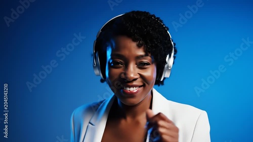 Professional woman dancing happily using silver headphones