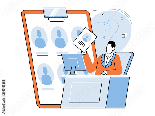 Recruiter holding a resume at a desk with candidate list vector illustration. Human resources, job hiring, talent search, recruitment, employment, staff selection. Hiring manager holding a CV