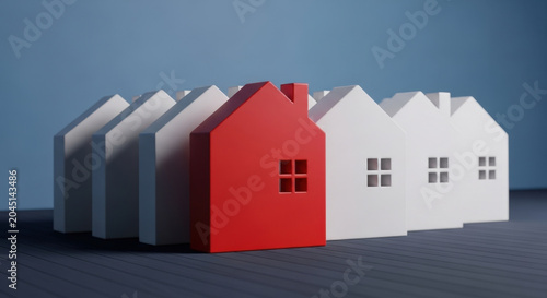 Row Of White Houses With Red House Standing Out. Real Estate Concept. Property Market. Unique Choice. Individuality Illustration. Distinctive.