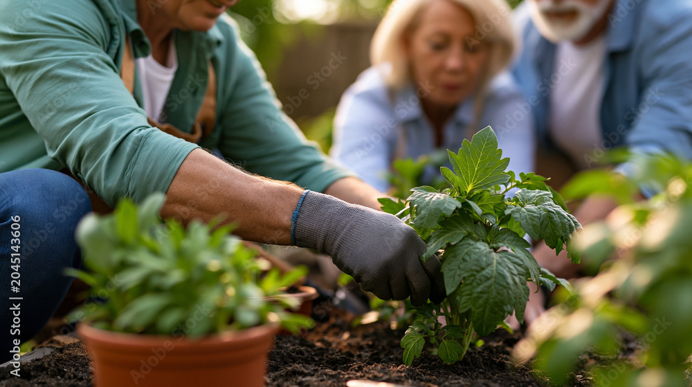 Fototapeta premium Faceless senior couple gardening together in backyard during retirement lifestyle, outdoor hobby, plant care, domestic gardening, with copy space