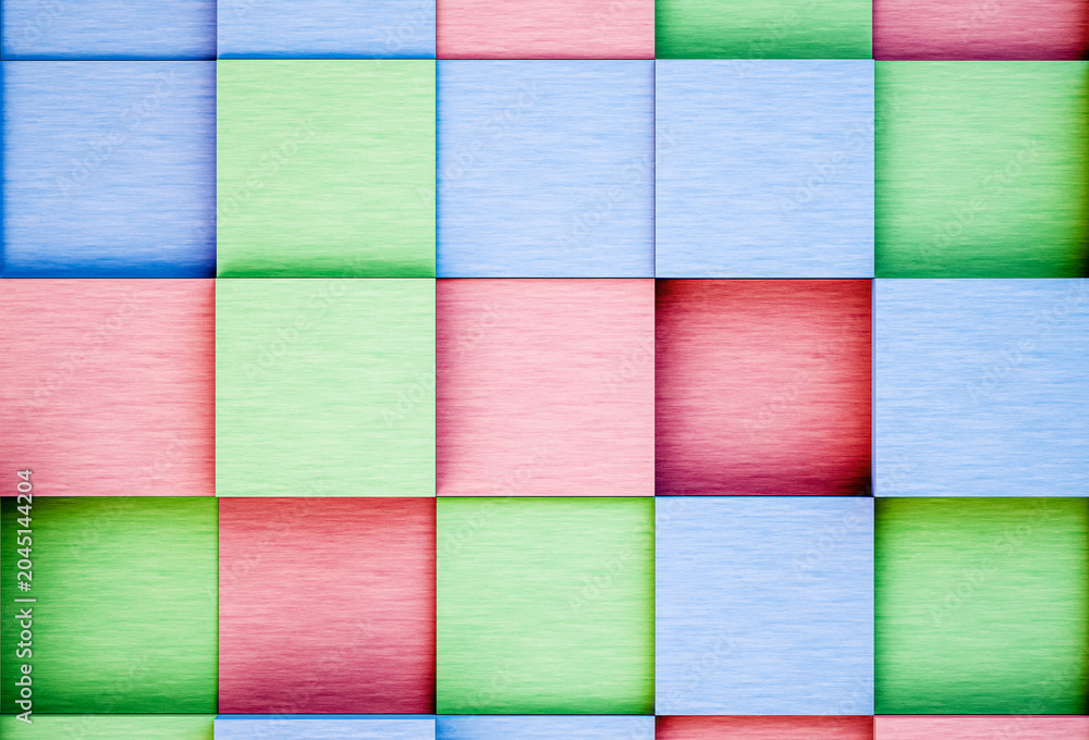 Fototapeta premium Top view of colorful square wooden blocks grid. Abstract geometric multi-colored checkered pattern background.