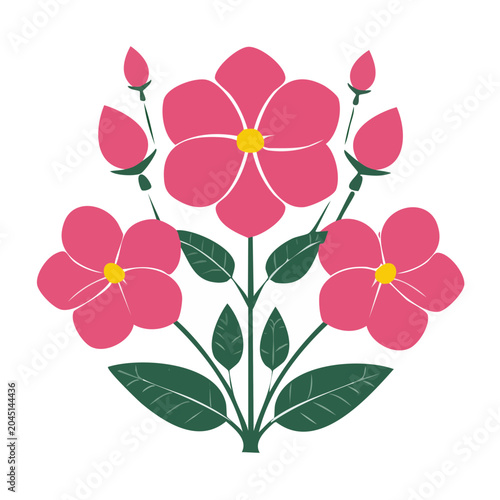 Pink flowers and buds illustration with green leaves
