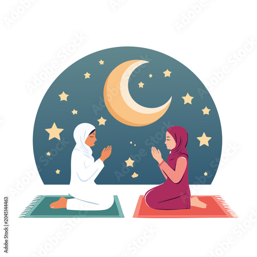 Two Muslim women praying under the moon and stars