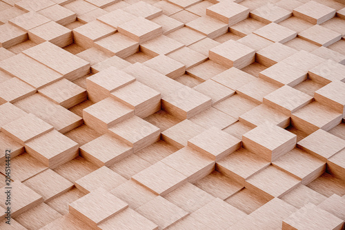 Abstract isometric 3D wooden cubes background. Full frame natural wood block perspective grid texture.