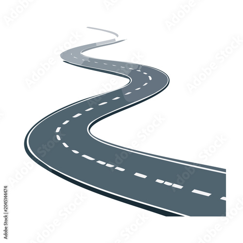 Winding road with dashed lines on white background