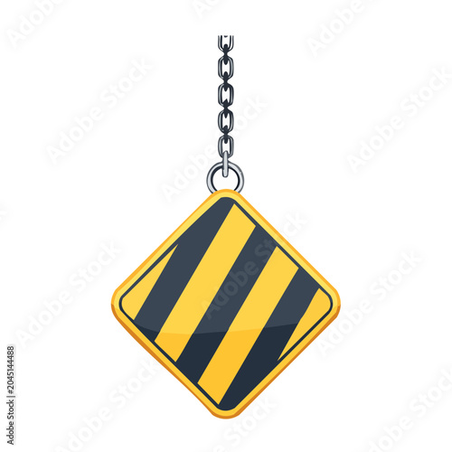 Yellow and black striped warning sign hanging from a chain