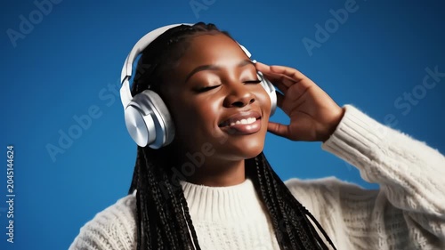 Serene woman with braids wearing headphones enjoying music
