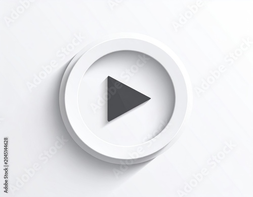 A minimalist white circular button with a dark grey play icon casts a subtle shadow