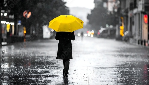 Solitary Person Walking with Bright Yellow Umbrella on Rainy Urban Street