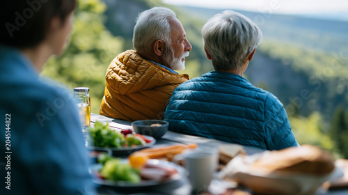 Defocused faceless senior retired couple having picnic lunch overlooking mountain scenery during hiking adventure, soft focus outdoor moment, scenic views, blurred foreground,