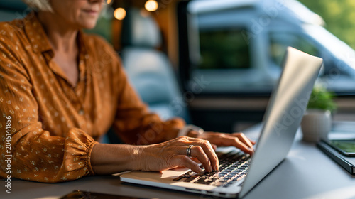 Faceless senior retired woman on camping trip in countryside working inside RV using laptop, digital work, mobile office, rv workspace, slow motion moment, with copy space