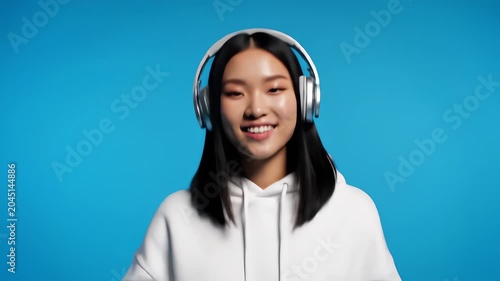 Energetic young woman dancing while wearing headphones