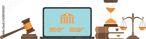 Foto Legal and Justice Icons Featuring Gavel Laptop Books Hourglass and Scales court