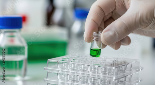 Scientist Conducting Laboratory Research Holding Small Vial with Green Liquid Experiment, Medical, Pharmaceutical Industry Chemical Analysis Development