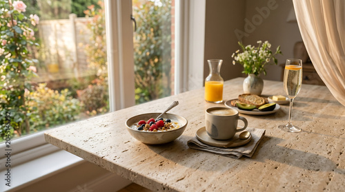 Elegant breakfast setup on stone table with fresh berries, coffee and natural light
