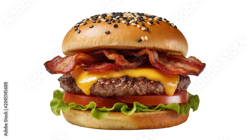 Photos Isolated delicious bacon cheeseburger with fresh ingredients, melted cheese, and