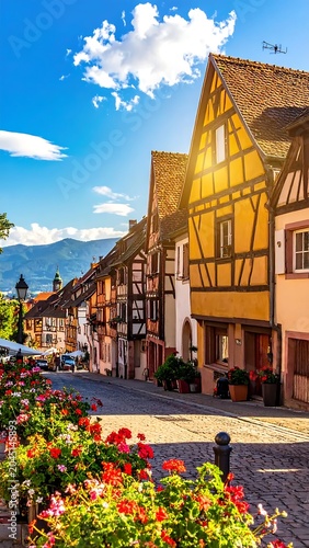 Colorful Half Timbered Houses Lining Cobblestone Street in Sunny Historic Village