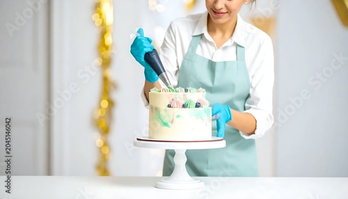 Young Female Baker Decorating Colorful Cake with Piping Bag in Bright Kitchen