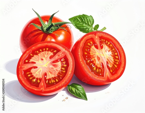 Ripe red tomatoes, one whole, one halved, with basil leaves on white