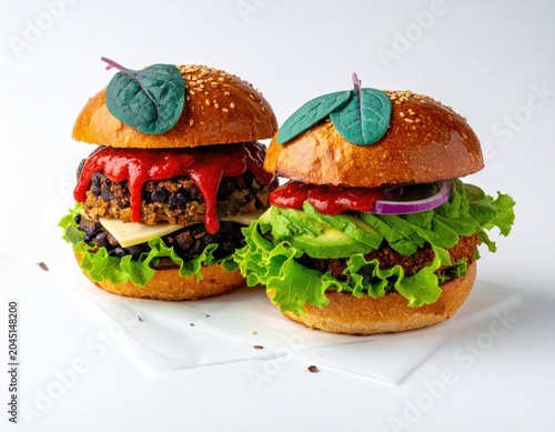 Two vibrant, plant-based burgers with fresh toppings and leafy green garnishes